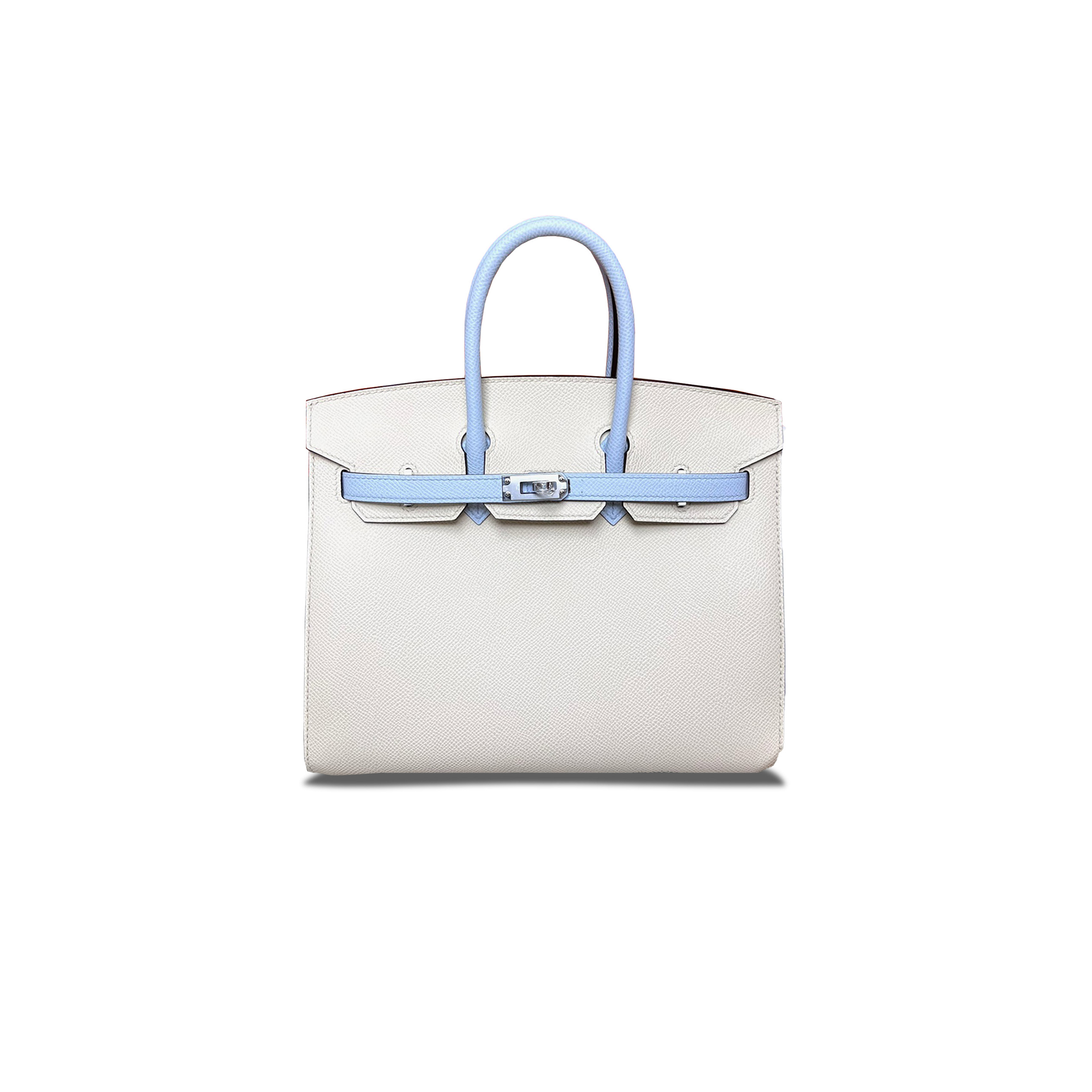 HERMES BIRKIN 25 EPSOM CREAM WHITE AND MIST BLUE SILVER BUCKLE H028369CK2V (25*18*13cm)